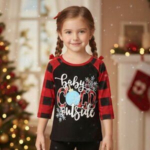 Girl's Baby Its Cold Outside Buffalo Plaid Raglan Tee Shirt